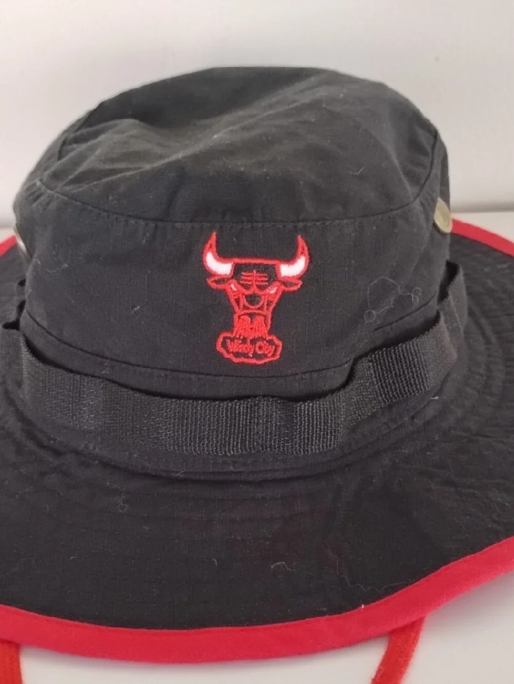 Mitchell & Ness Black and Red Bucket Hat with Team Patch